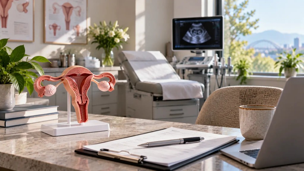 Gynecology exam room with a detailed female reproductive system model, ultrasound equipment, examination table, medical forms, and laptop.
