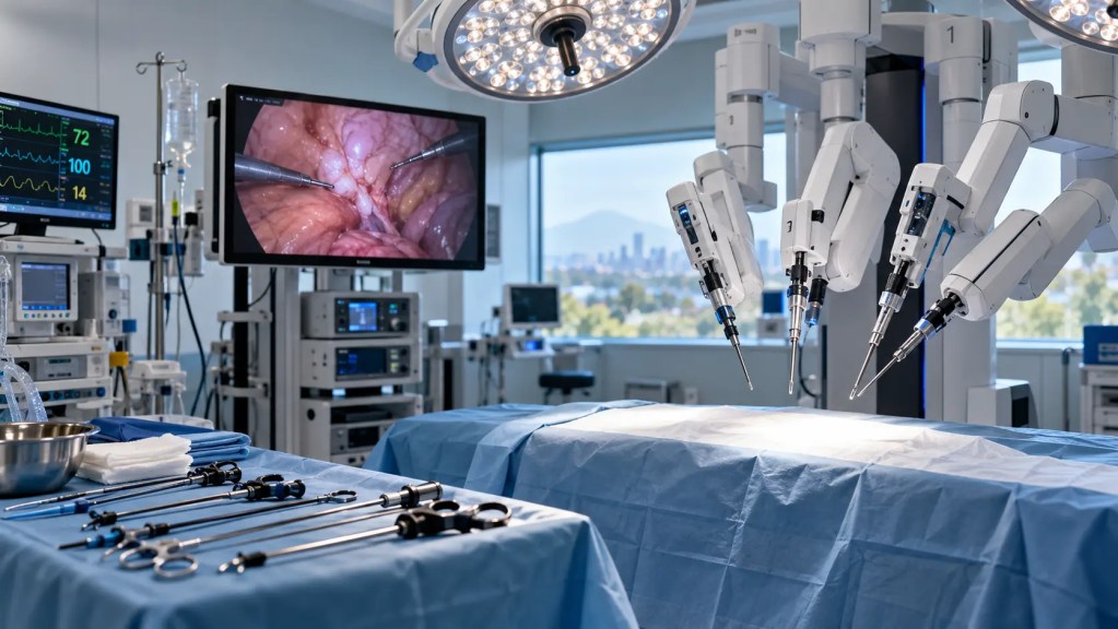 Robotic-assisted minimally invasive surgery in a modern operating room, with surgical instruments, robotic arms, and a laparoscopic monitor.