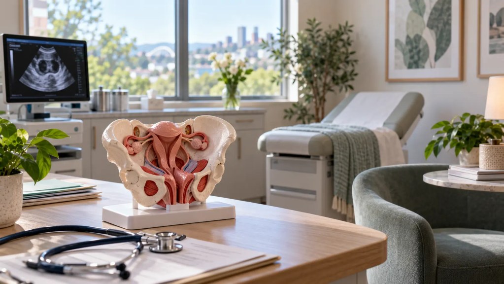 Urogynecology exam room with a pelvic anatomy model, ultrasound monitor, examination table, and stethoscope.